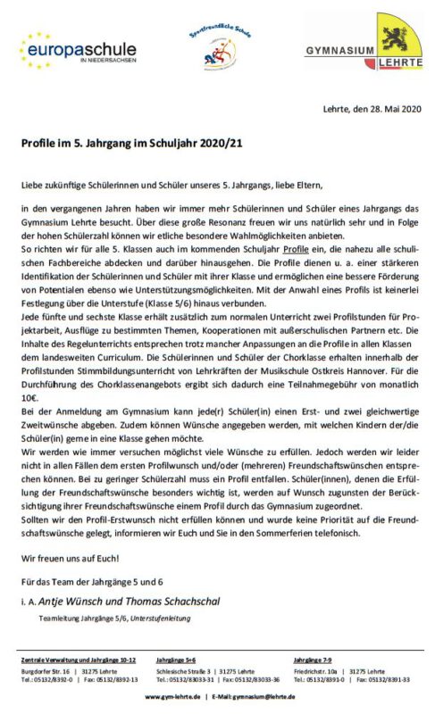 Anmeldung für die 5. Klasse | Gymnasium Lehrte