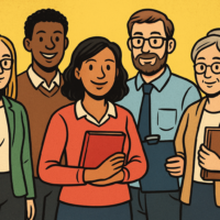 Vielfältiges Lehrerteam im Comic-Stil